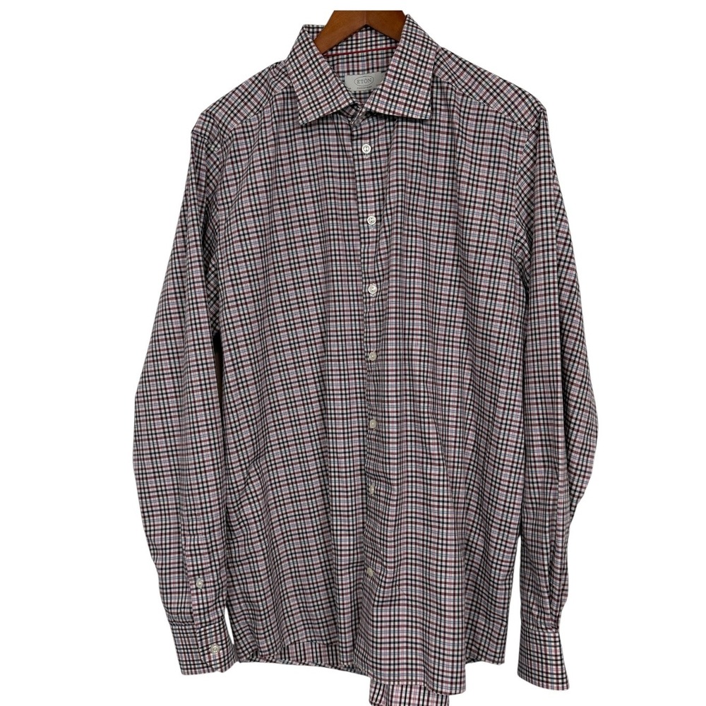 Eton Contemporary Fit Check Button Down Shirt Mens 17.5 XL Burgundy Blue Plaid